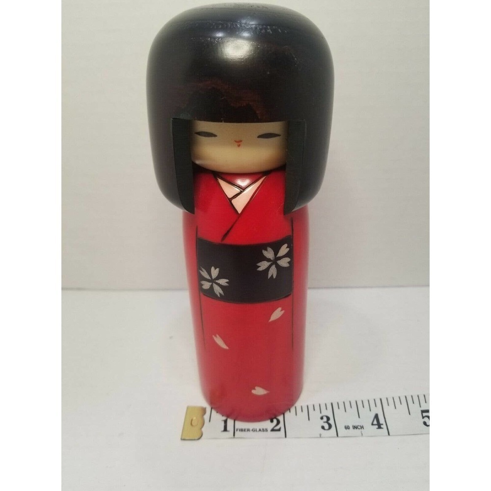 Kokeshi Wooden Original Japanese Doll 7.3"H Girl Haregi Red Sakura Floral - Picture 8 of 8